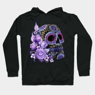 Purple Floral Black Sugar Skull Halloween Hoodie